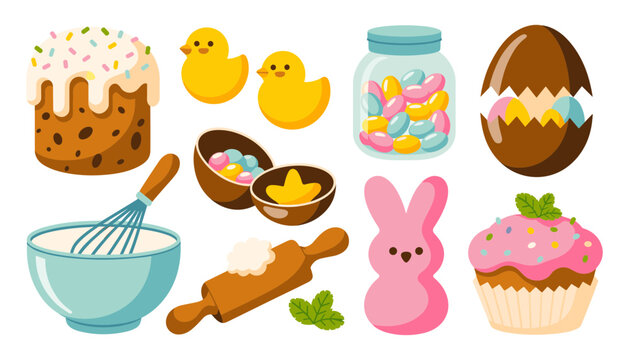 Easter Holiday Baking and Sweet Treat Vector Set with Kulich Cake, Marshmallow Bunny, Chocolate Eggs, Jelly Bean Jar, Cupcake, and Kitchen Utensils