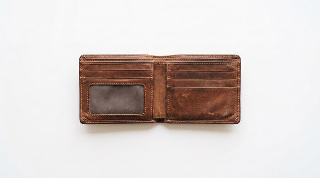 An open brown leather wallet resting isolated on a clean white background.