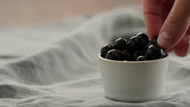 man hand put washed ripe blackcurrant in ceramic bowl