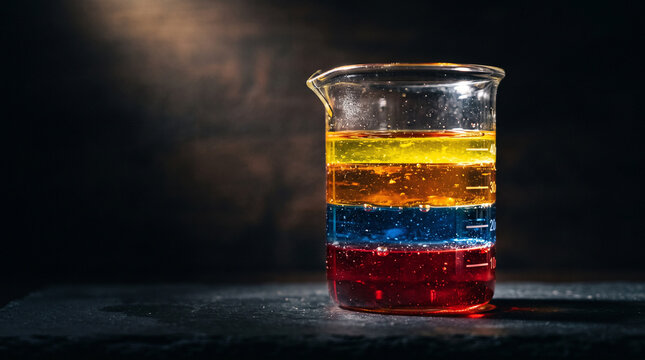 A glass beaker filled with colorful layered liquids representing a science experiment.