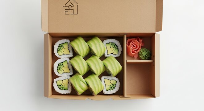 Sushi rolls in takeaway box on white background for food marketing