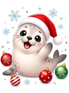 "Little Christmas Seal: An adorable, smiling baby harp seal wearing a festive Santa hat waves its flipper happily, surrounded by colorful Christmas baubles and drifting snowflakes."