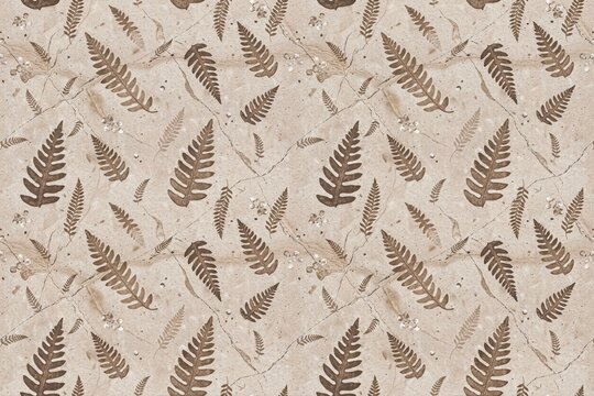 Seamless pattern featuring dark brown fern leaf silhouettes arranged on a textured light beige paper background, with subtle organic cracks