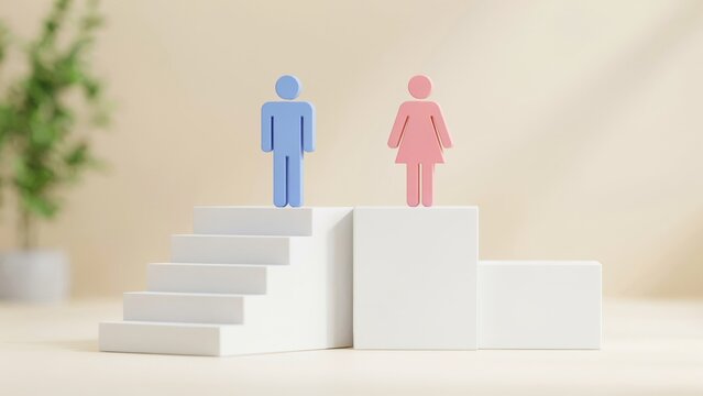 Gender gap metaphor with male and female icons on unequal platforms.