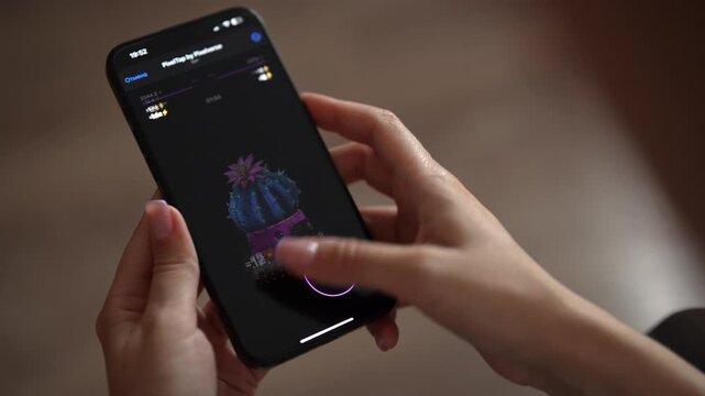 Ufa, Russia - 19 June 2024. Female gamer hands holding smartphone. Person playing interactive futuristic mobile game with digital avatar. Screen showing gameplay, scores, character stats, slow motion.