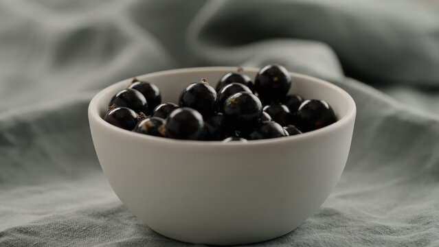 ripe blackcurrant in white ceramic bowl