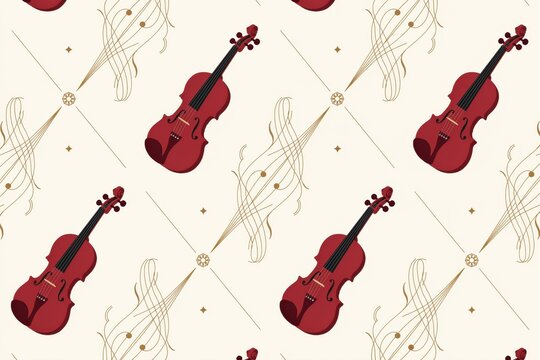 Seamless pattern featuring dark red violins and gold swirling lines on a light cream background, for musical themes