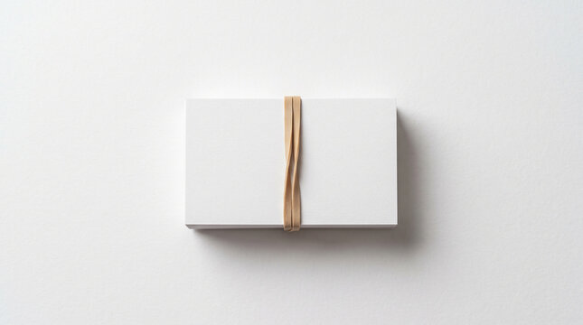 A stack of white business cards tied together with a rubber band on a light background.