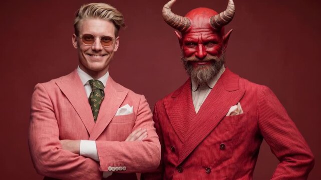 Stylish man in pink suit poses with devil character in a playful photoshoot. A fashionable male model stands confidently beside a playful devil figure in vibrant colors