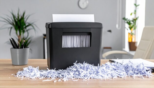 Modern office with shredder machine and paperwork, business security concept