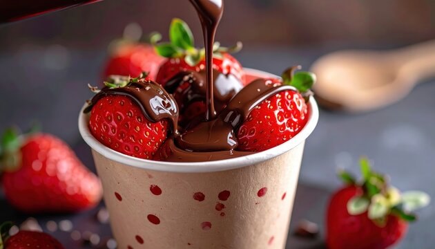 Close-up of pouring melted chocolate over fresh strawberries inside takeaway cup, artisan dessert preparation, indulgent food photography