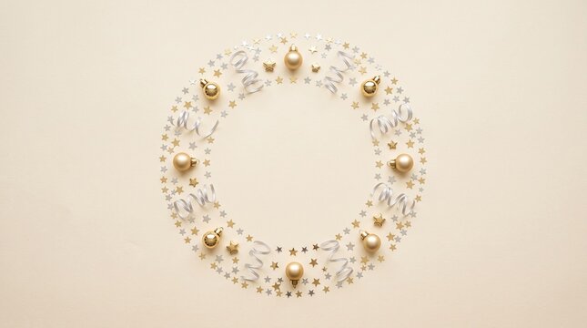 Elegant circular frame made of shiny gold ornaments and silver ribbons on a soft beige background for holiday festive season
