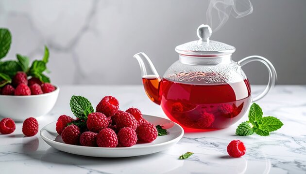 Glass teapot and raspberry tea served with fresh berries and mint on marble surface, wellness beverage concept, elegant food styling
