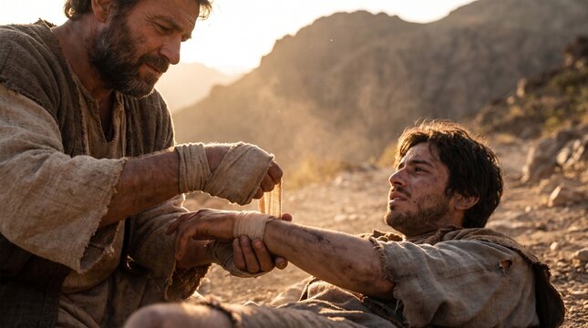 Biblical Parable of the Good Samaritan, A Man Bandaging the Wounds of a Traveler on a Desert Road