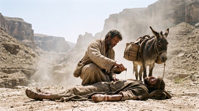 Good Samaritan Bandaging an Injured Man and Pouring Oil on Wounds, Biblical Parable of Mercy and Care in the Desert
