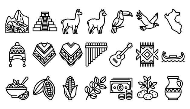 Peru Travel and Culture Outline Icon Set with Machu Picchu Inca Pyramid Llama Poncho and Traditional Food Elements for South American Tourism Graphics