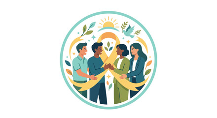 Fototapeta premium Group of diverse people inside a sun and flower circle.