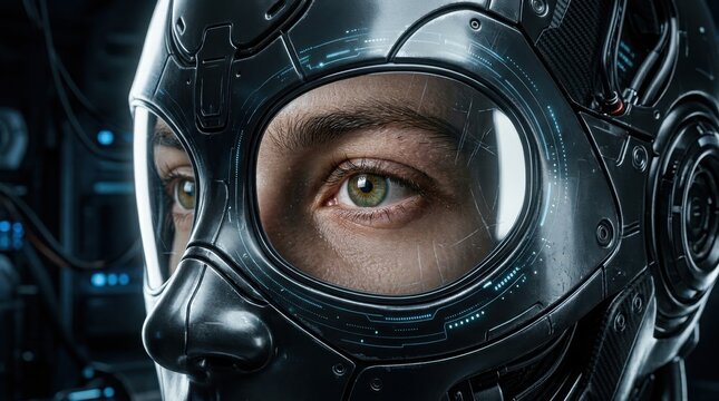 A close up view of a human eye reflected inside the glass visor of a sleek advanced robot head.