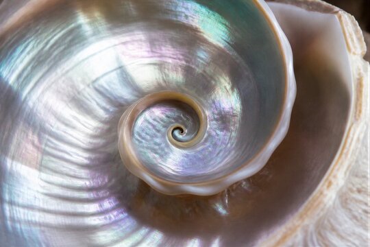 Spiral mother of pearl shell revealing iridescent inner surface
