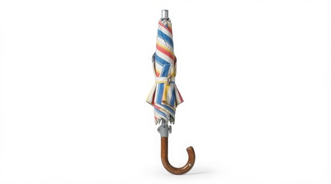 Vintage striped umbrella with wooden handle, retro colorful parasol for rain protection, classic folded sunshade accessory isolated on White Background