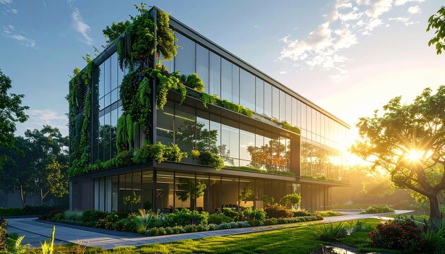 Vertical Garden on Modern Glass Office Building at Sunset