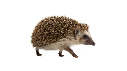 Wild prickly brown hedgehog walking profile isolated on transparent background © Pavel