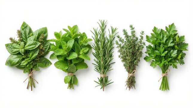Fresh culinary herbs collection, bunches of green basil, mint, rosemary, thyme and parsley tied with twine, organic aromatic cooking ingredients isolated on White Background