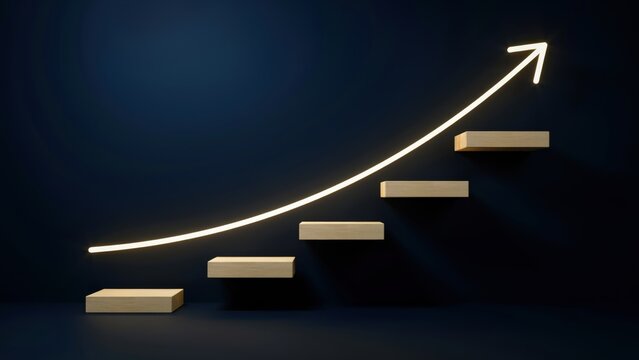 Glowing upward arrow and wooden steps for growth on dark background
