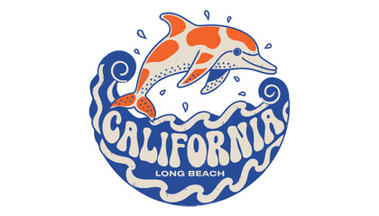 Fototapeta premium Retro California Dolphin Wave Long Beach Graphic T-shirt Design | Ocean Surf Art