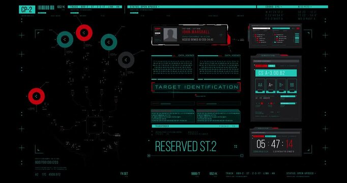 Futuristic biometric interface displays a digital hand scan with markers on fingertips alongside target identification data and a person profile.