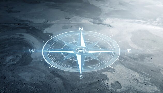 Compass Rose Glowing Blue on Dark Textured Volcanic Ash Surface