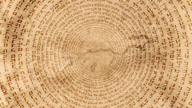 Hebrew scripture inscribed in circular pattern on parchment surface spinning motion background texture.