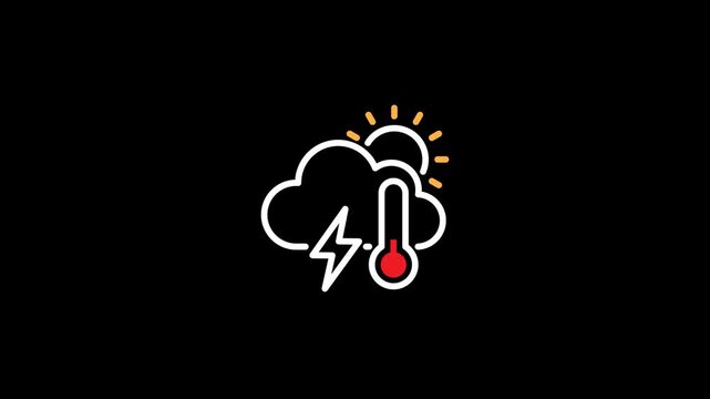 A minimalist animated weather forecast icon featuring a white cloud, a bright red thermometer, yellow sunlight, and a lightning bolt against a transparent background. Alpha Channel 4K