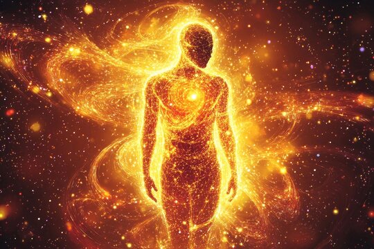 Swirling data forms a human silhouette in a cosmic scene