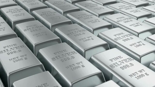 Shiny fine silver bullion bars arranged in rows representing wealth investment asset and global economy.