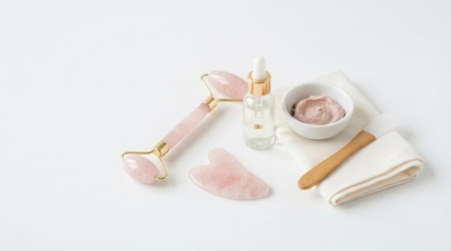 Rose quartz face roller and gua sha set, pink crystal facial massage tools with serum bottle, natural skincare products on white background