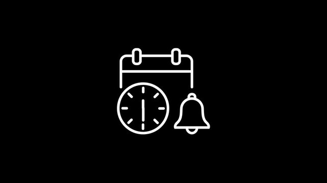 Minimalist line icons depicting a calendar, a clock, and a notification bell against a transparent background. Alpha Channel 4K