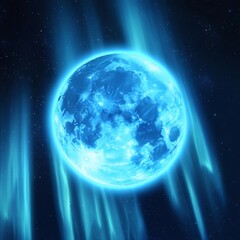 Fototapeta premium Intense glowing blue moon with radiant light beams in a deep space cosmic setting