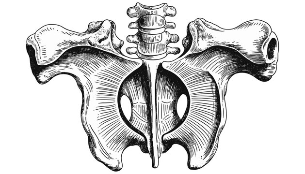 Pelvis bone flat vector illustration. Detailed vintage medical engraving shows human skeletal anatomy featuring complex lumbar vertebrae segments and intricate shading textures.