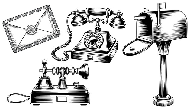 Vintage communication flat vector illustration. Retro engraved elements feature classic rotary dial telephone, old telegraph machine, open curbside mailbox, and striped airmail envelope.