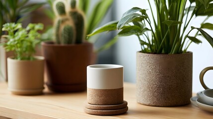 Fototapeta premium A wooden surface holds potted plants and a ceramic mug on cork coasters creating a calm indoor greenery scene