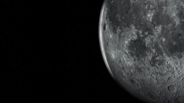 Detailed moon surface glowing in dark starry space, cinematic zoom in footage.