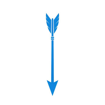 Blue arrow icon pointing down with a feather tail design isolated on transparent background