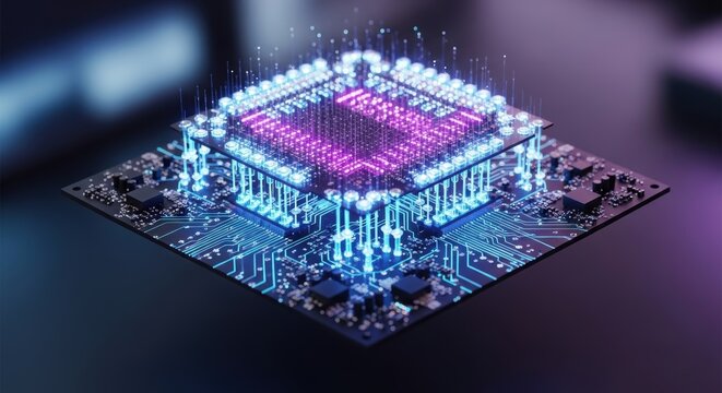 Modern computer processor chip mounted on motherboard with glowing fiber optic lights.