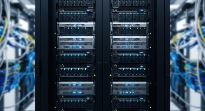 Modern data center racks with glowing blue lights and intricate cabling system.