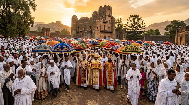 Priests and pilgrims gathered in a large religious procession near Fasil Ghebbi castle in Gondar, Ethiopia