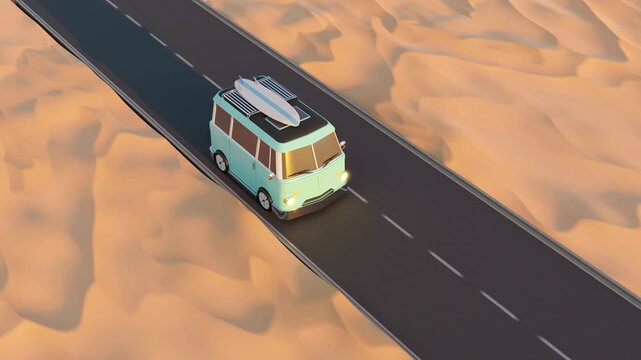 Stylized retro van carrying surfboards travels along desert highway during sunset in minimalist 3d render.