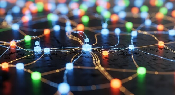 Network of colorful glowing cubes connected by lines representing data flow.