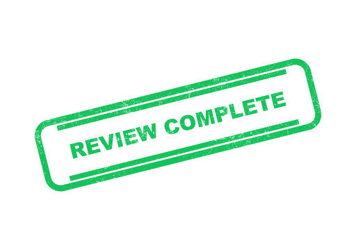 Green rubber stamp icon with the text review complete in a simple rectangular frame design isolated on transparent background