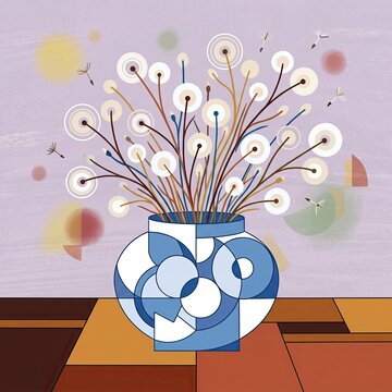 A stylized blue and white geometric vase holds a bouquet of dandelions against a textured lavender background with abstract forms.